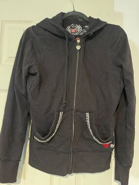 Women's Black Zip-Up Hooded Jacket with Embellished Pockets